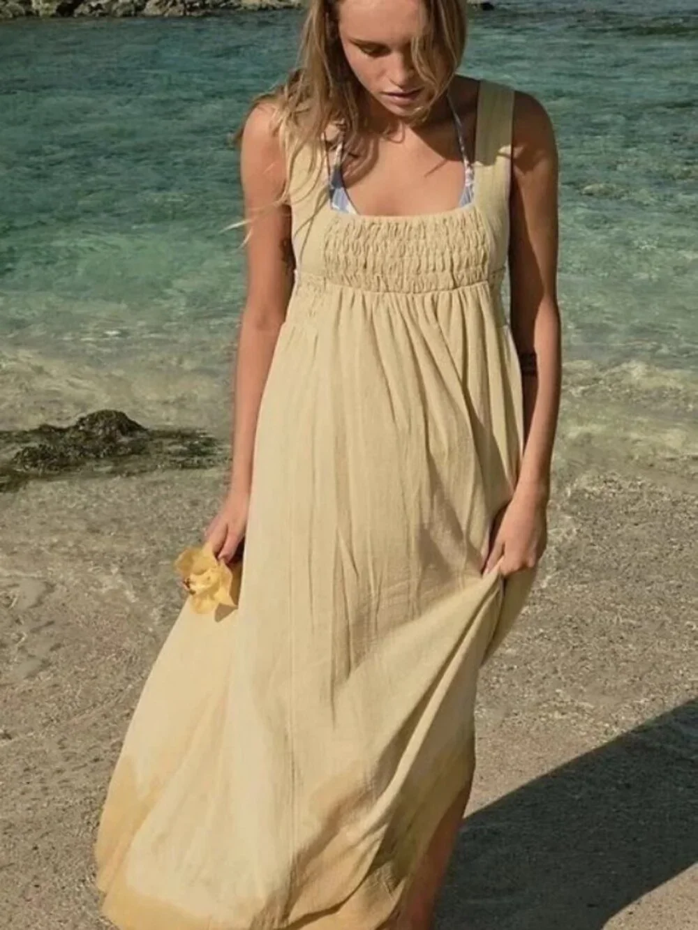 Free People Delphine Midi Dress Sleeveless Pull On Smocked Square Neck XS